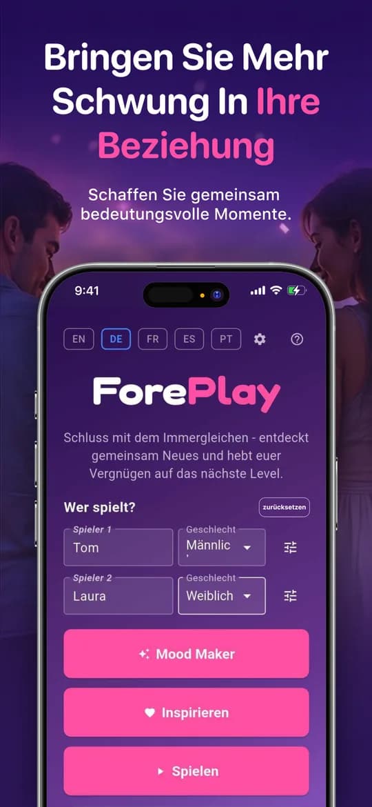 Der Startbildschirm von ForePlay: beide Spielernamen eintragen und einen der drei Modi wählen.