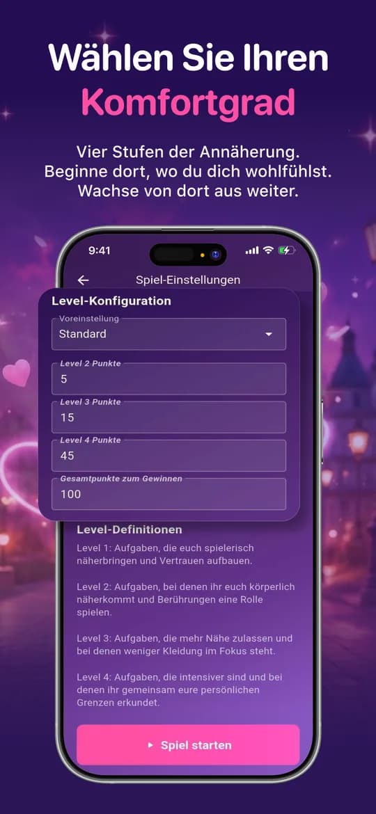 Der Einstellungsbildschirm für die Stufen, auf dem ihr festlegt, wie weit die Aufgaben gehen.