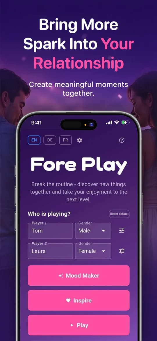 The ForePlay home screen: enter both player names and pick one of the three modes.