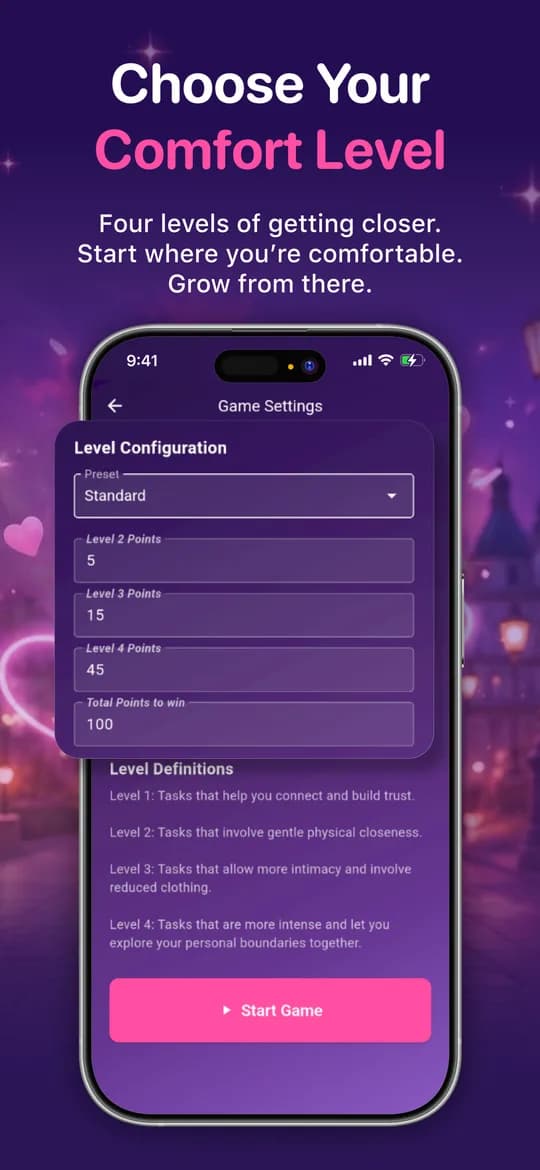 The level settings screen, where you decide how far the tasks go.