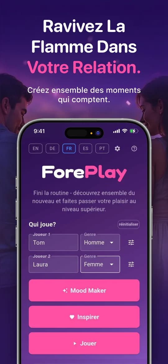L'écran d'accueil de ForePlay : saisissez les deux prénoms et choisissez l'un des trois modes.