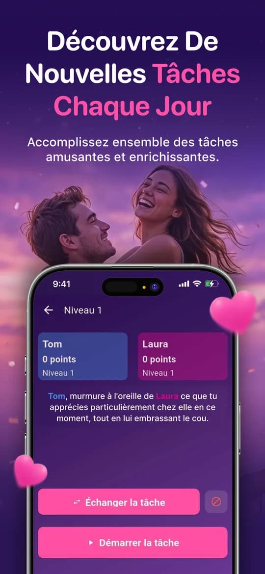 L'écran de jeu du mode Play avec les deux prénoms, les points et le niveau en cours.