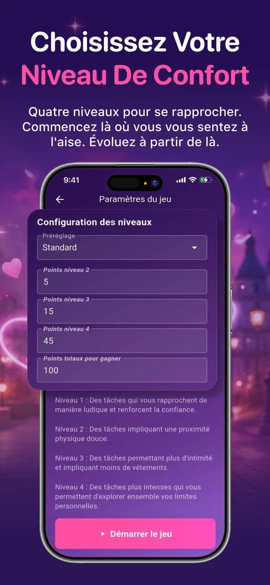 L'écran de réglage des niveaux, où vous définissez jusqu'où vont les tâches.